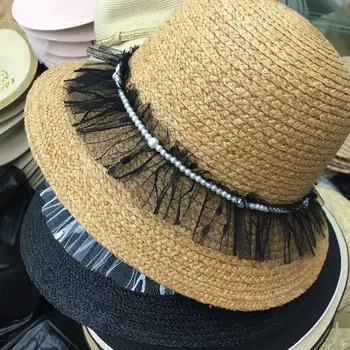

2020 Brand Solid Straw Weaving Dome Bucket Hat Lace Pearl Bow Sun Hat Spring Summer Beach Hat Women's Bucket Foldable Versatile