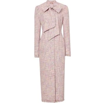 

New Small fragrance Winter woolen coat Women bow Fashion Full Sleeve Tweed slim Long Wool Outerwear