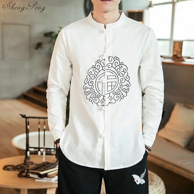 Traditional Chinese Clothing For Men Cotton Linen Shirts White Embroidery Kung Fu Tai Chi Hanfu Male China Style Tops V1651 - Цвет: 5