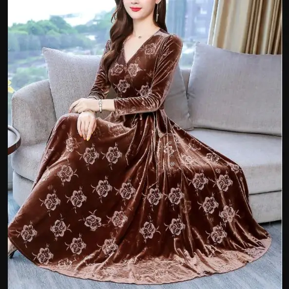 

2019 New Style Autumn Mid Long Winter Women Golden Velvet Dresses Plus Size Office Lady Fashion Elegant Mother Work Wear Dresses