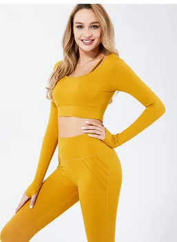 

yoga sets women gym clothes high waist Yoga suit sports fitnesshigh elastic solid color shoulder strap long sleeve two-piece
