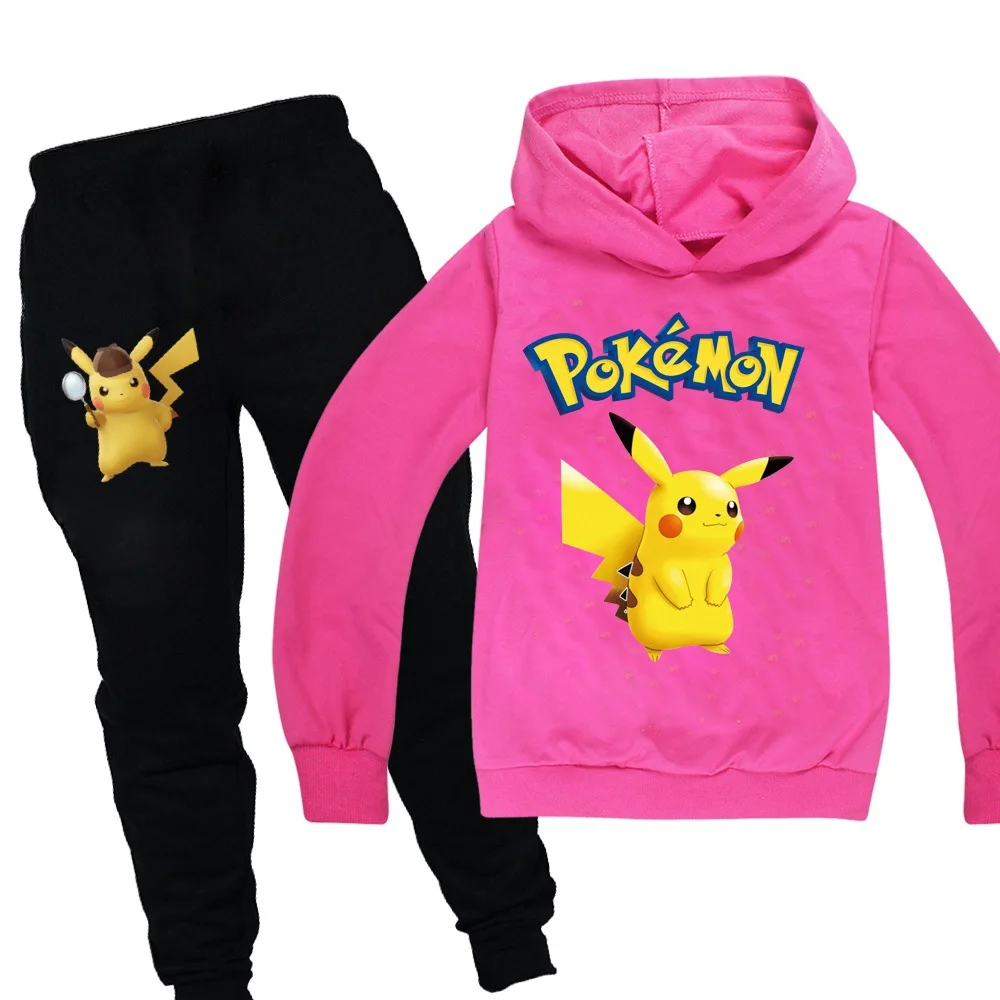 POKEMON GO Detective Pikachu/детская одежда для мальчиков и девочек осенний Свитшот комплект из 2 предметов, хлопковые спортивные толстовки с длинными рукавами и рисунком, Комплект футболок - Цвет: 991rose-set