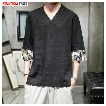 

Sinicism Store Men Linen V-Neck T Shirt Men Summer Loose Vintage T Shirt Male Three Quarter Chinese Style Clothes Oversize 2020