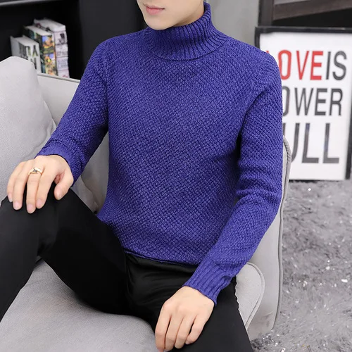 Dark Blue Осенне-зимний мужской свитер, трендовый джемпер, трикотаж, корейский Тонкий твист, толстый мужской свитер с высоким воротом - Цвет: Dark Blue