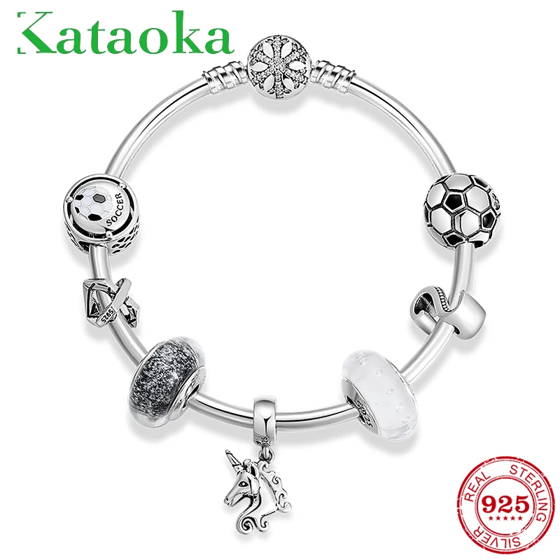 Высокое качество, 925 пробы, Серебряный кулон в виде лошади и футбольный Шарм, браслеты, CZ сердце, стеклянные бусины, очаровательный браслет-цепочка для женщин