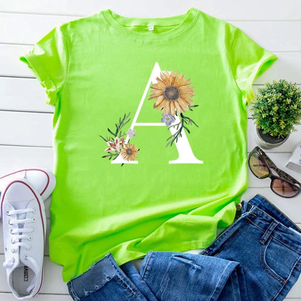 T-Shirts Letter A Chrysanthemum Pattern Printing Women'S T Shirt Kawaii Fashion Tshirt For Woman Korean Style Oversized Tops