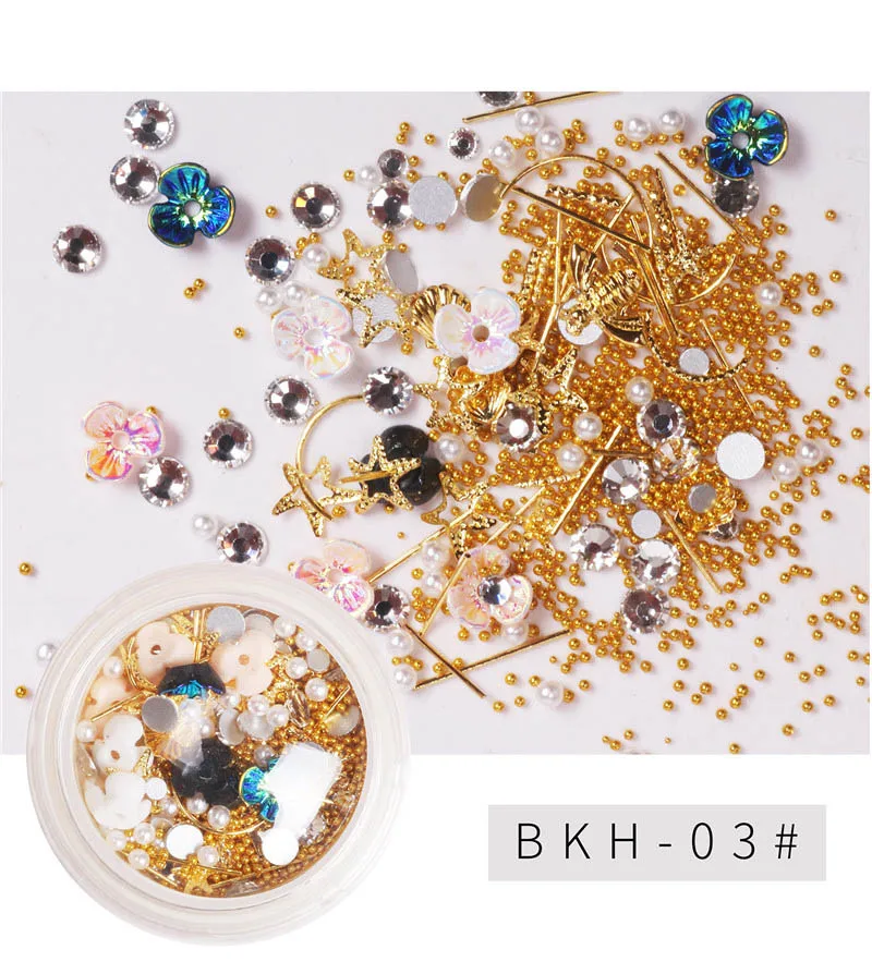 BKH-03 1 коробка 3D Стразы для ногтей в виде ракушки цветок золотые мини бусины смешанный дизайн самодельные Украшения для ногтей инструмент гвоздь шпильки аксессуары 8 видов стилей - Цвет: BKH-03