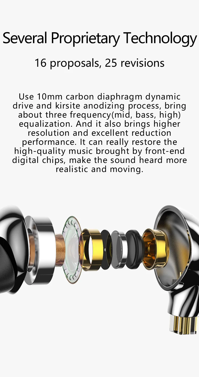BLON BL-03 /Écouteurs intra-auriculaires avec membrane carbone 10 mm Basse HiFi DJ dans le moniteur doreille avec 2 broches C/âble d/étachable Argent sans micro