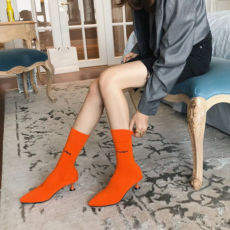 

GENSHUO Sexy Sock Boots Knitting Stretch Boots High Heels For Women Fashion Shoes Autumn Mid Calf Boots Booties Female Shoes