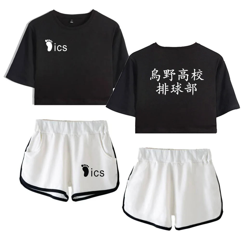 Haikyuu, Anime Camiseta corta, conjunto de dos piezas para mujeres, pantalones cortos + bonita camiseta Harajuku, conjuntos divertidos de verano