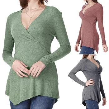 

2020 New Maternity Long Sleeve Fitted Cotton V-neck Soft Pregnancy Shirts Maternity Clothes Pregnant Tops Womens Clothing