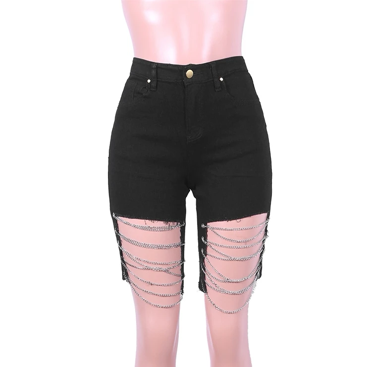 Black pants Сексуальная клубная дырочная цепь женские джинсы брюки с кисточками женские летние джинсовые брюки - Цвет: Black pants