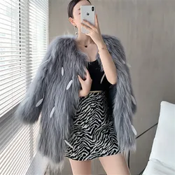 Fur Long Sleeve Loose Warm Women's Jacket Raccoon Fur Winter Thicken Locomotive  Beige Black Chic Top
