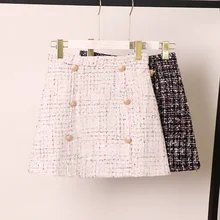 Women Tweed Skirt Korean Autumn/winter High Waist Slimming A Fashion Double-breasted Mini Skirt mujer