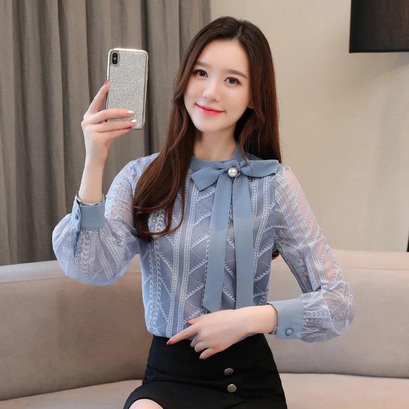 

Lace Summer New 2020 Spring New Transparent Shirts Long Sleeve Women's Clothing Bow Neck Top Loose Blue Chiffon Shirt 803i