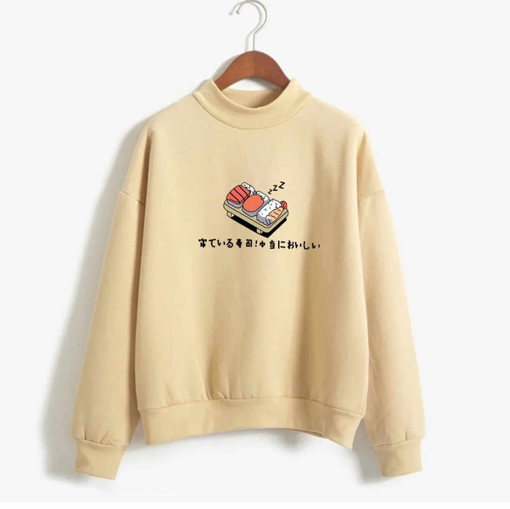 JAYCOSIN Fashion Women Casual Simple Sushi Printed Hooded Loose Sweatshirt Comfortable Soft Sweet Cute Pullover Top Blouse