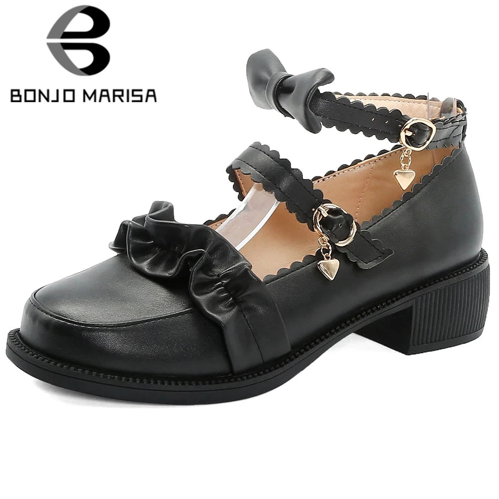 

BONJOMARISA 2020 New Girl Spring Sweet butterfly-knot Pumps Ruffles Med Chunky Heels Pumps Women Fashion Platform Shoes Woman