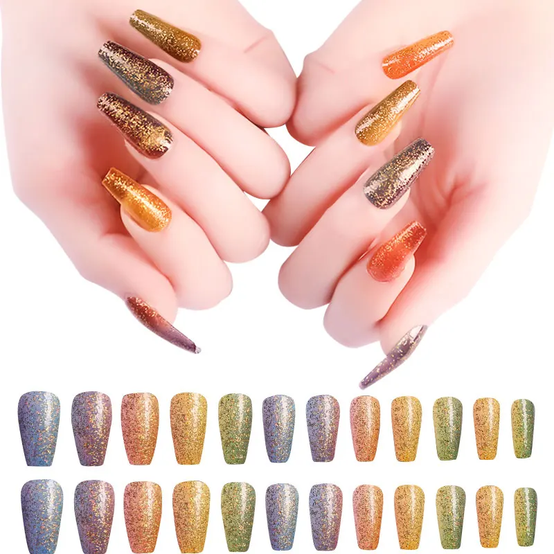 

24pcs/Set Detachable Fake Nails Rainbow Ballerina Nail Art Tips Fake Nails Women's Long Coffin Press on Nails Overhead With Glue