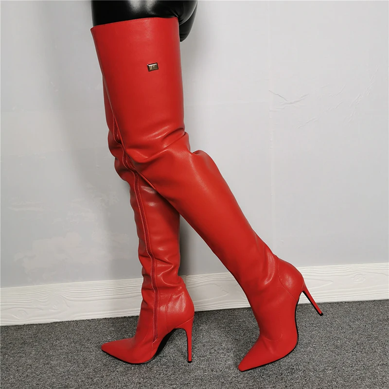 Оригинальное предназначение; Сезон Зима; популярные пикантные красные сапоги до бедра; женские элегантные модельные туфли с острым носком на высоком каблуке; женская обувь для вечеринок