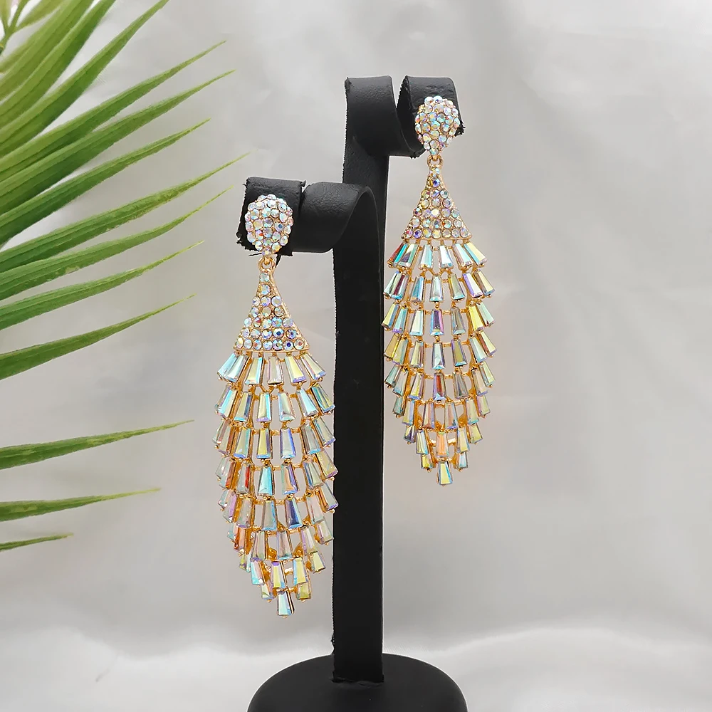 

New Fashion Crystal Jewelry Long Drop Rhinestone Tassel Dangle Earrings Unique Earring For Women Wedding Party Earing