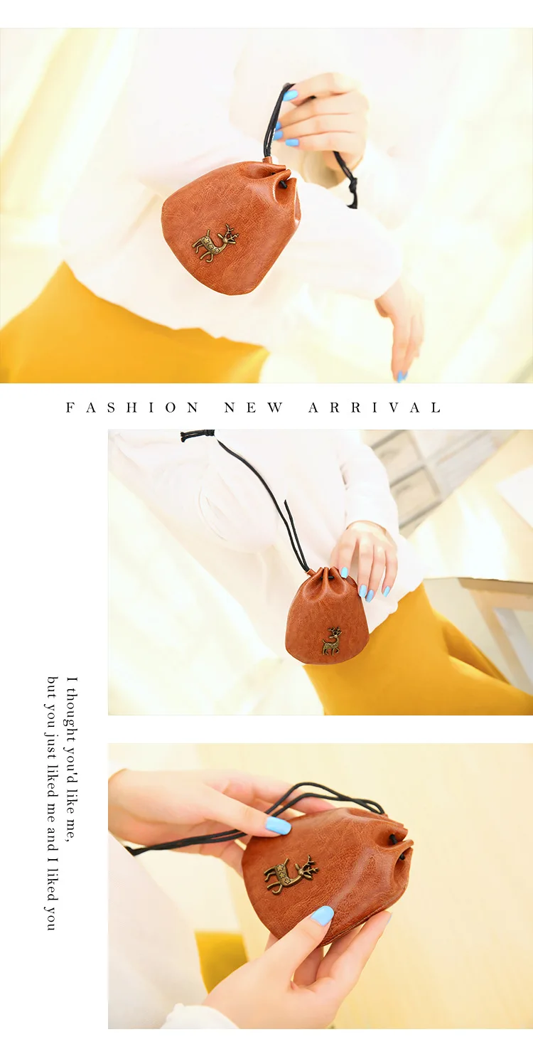 Милый кошелек лося стиль корейский стиль простой масло воск кожа Drawstring Pull-belt мини женский короткий кошелек