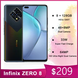 Infinix ноль 8 смартфонов 6,85 Inch 8 Гб Оперативная память 128 Гб 64MP смарт мобильный телефон задняя Quad Камера Helio G90T 33 Вт супер зарядки Android