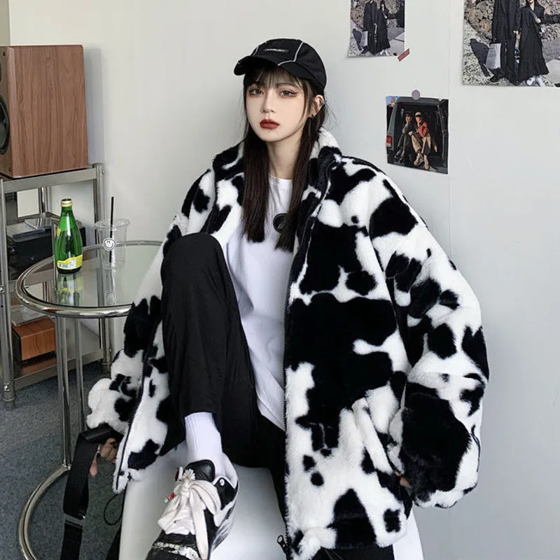 Invierno peludo Teddy abrigo Harajuku leche estampado de vaca suelta chaqueta de piel sintética Vintage Hip Hop ropa de calle cálida borrosa lindo