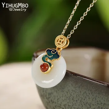 

YIHUGMBO Elegant Natural Nephrite Pendant Necklace for Women Real 18K Gold Plated 925 Sterling Silver Necklace with Red Agate