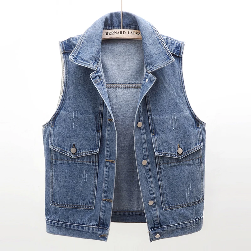 Big Pocket Denim Vest Women Waistcoat Spring Korean Fashion Frayed