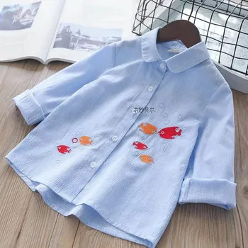 

2020 Autumn Childrenswear New Style Shirt Korean-style Men And Women Children Pure Cotton Small Fish Cartoon Embroidered Childre