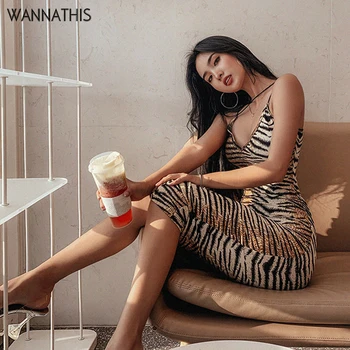 

WannaThis Tiger Print Spaghetti Strap V-Neck Women Bodycon Dresses Knee-Length Skinny Elastic Backless Fashion Women Party Dress