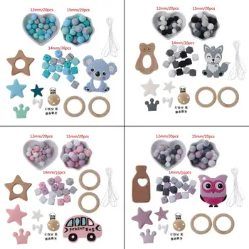 

Baby Teethers Set DIY Baby Teether Toy Silicone Beads Teething Ring Nursing Necklace Silicone Bracelet Wooden Pacifier Clip