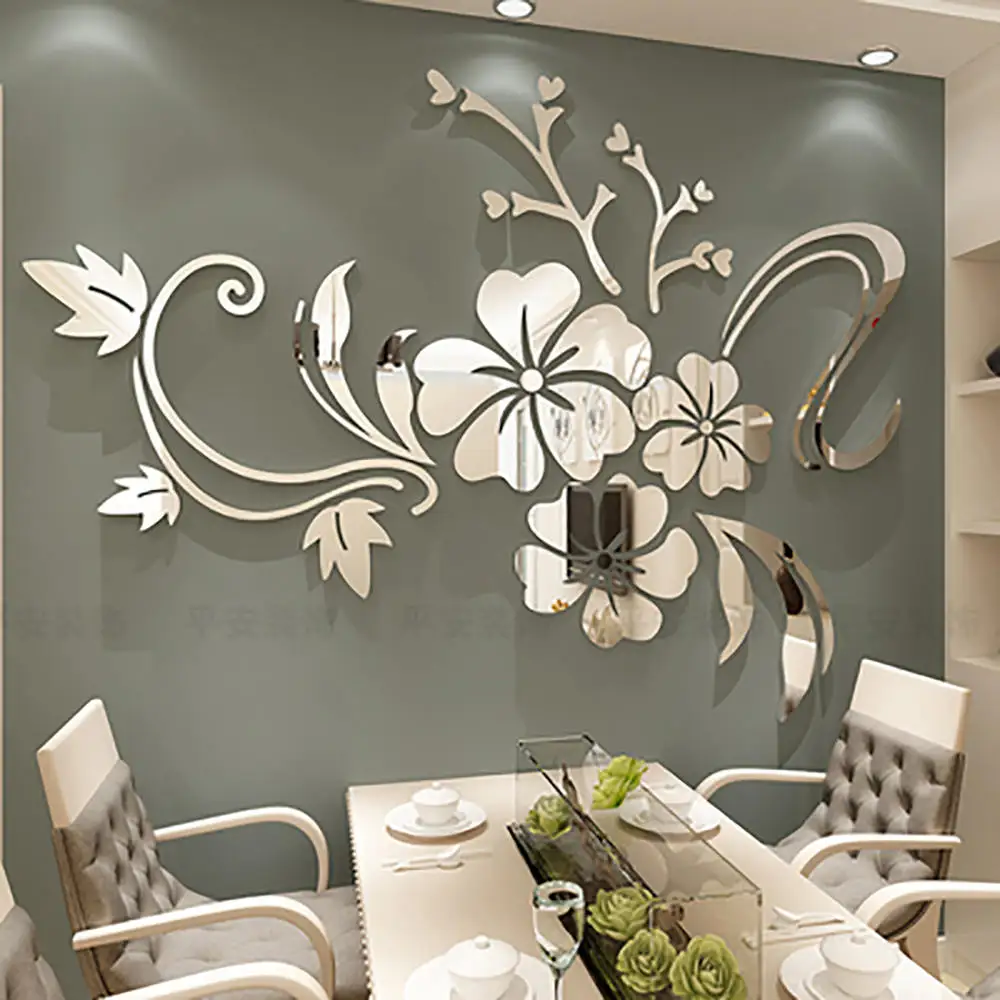 3D Mirror Flower Art Removable Wall Sticker Acrylic Mural Decal Home Room Decor 