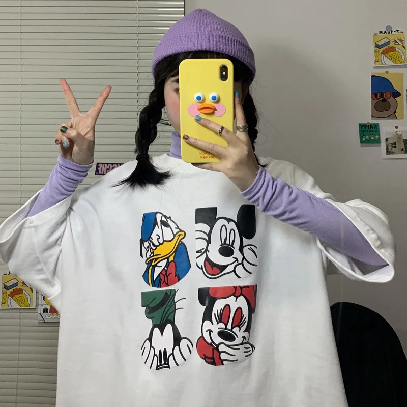 Женская хлопковая футболка средней длины с принтом Микки Мауса и его друзей