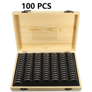 

Coins Storage Box 20/30/50/100pcs Pine Wood Coin Holder for Collectible Commemorative Coin with Capsules Accommodate