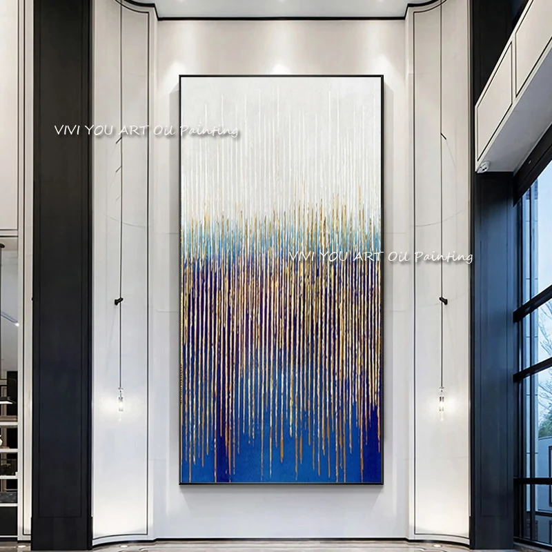 

100% Handpainted Line Green Blue Gold Abstract Oil Paintings Canvas Wall Art Pictures Home Wall Decor for Living Room Bed Room