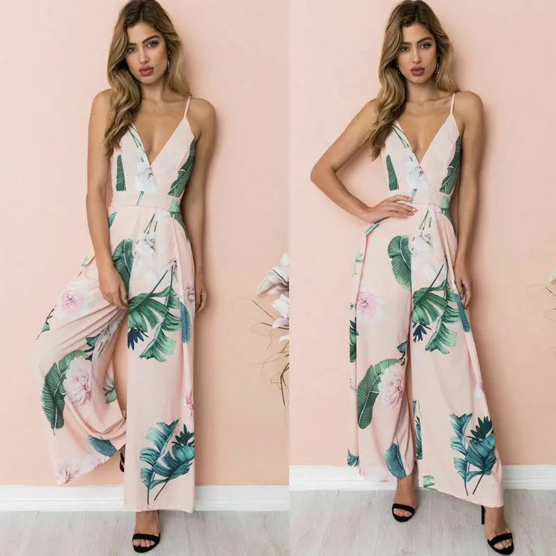 

Women Sleeveless Floral Loose Wide Leg Jumpsuits Elegant Sexy Boho Jumpsuits Rompers Holiday Backless Bow Leotard Overalls