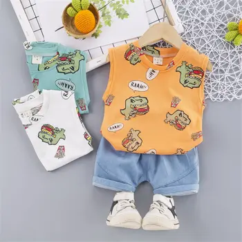 

Summer Baby Boys Girls Clothes Children Cotton Cartoon Printed vest Short jeans 2Pcs/sets Outfit Kids Fashion Toddler Tracksuits