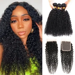 Indian Curly Human Hair Bundles With Closure Utrue 100 % Remy Lace Closure With Bundles