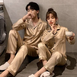 Silk Satin Couple Pajamas Solid Color Lounge Adult 2pc Long Sleepwear Set Button-Down Plus Size His and Hers Clothes Homewear