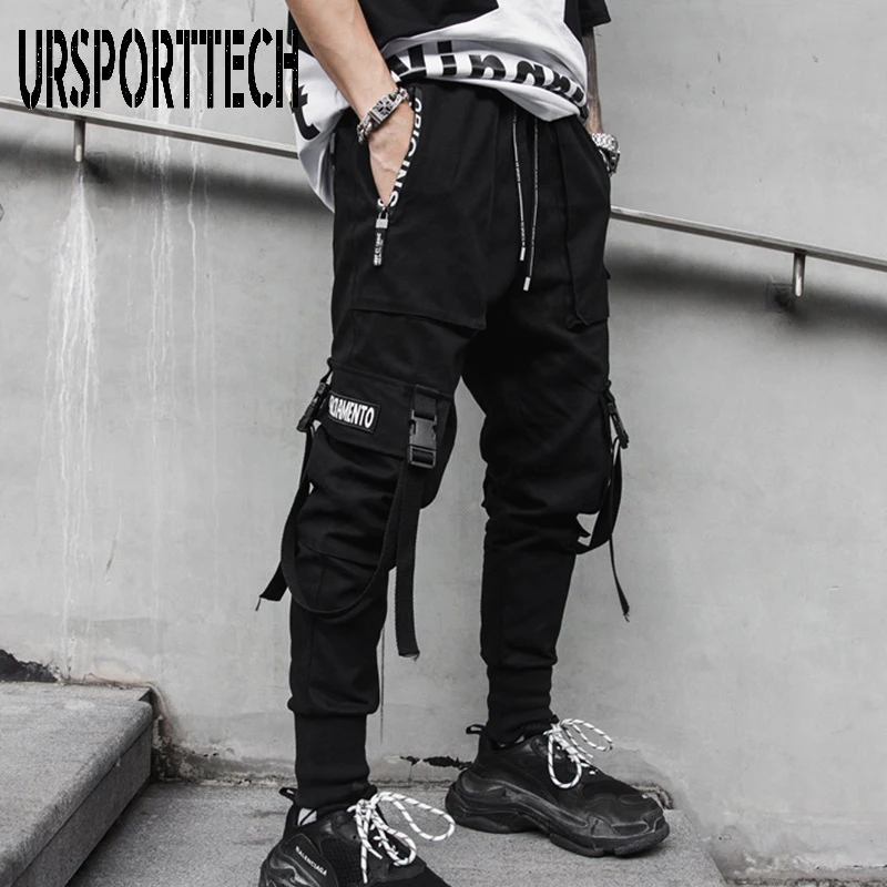 New Black Cargo Pants Hip Hop Joggers Men Loose Harem Pants Multi-pocket Ribbon Trousers Casual Streetwear Sport Pants for Men