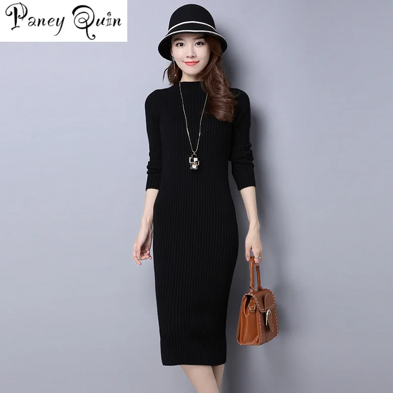 Skup Zimowy sweter sukienka over the knee długi pure color kobiety sukienki elegancki sweter z miękkiej dzianiny sukienka Bodycon slim, midi Vestidos