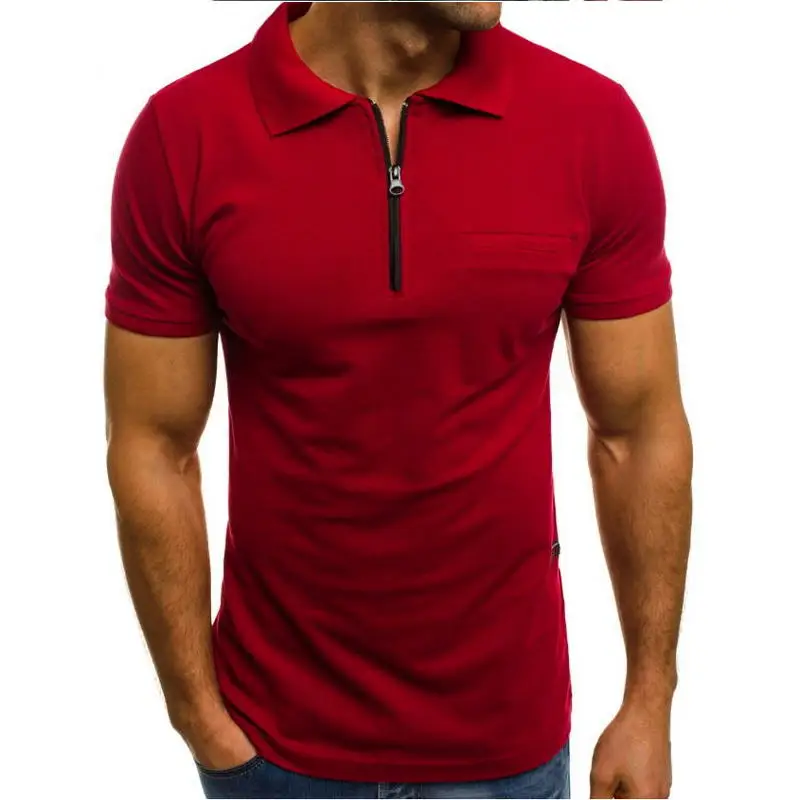 

Zip-up Patchwork Short pure color Summer Sleeve Black red Casual Collar Regular Polo pure colorTurn Down Shirt Men