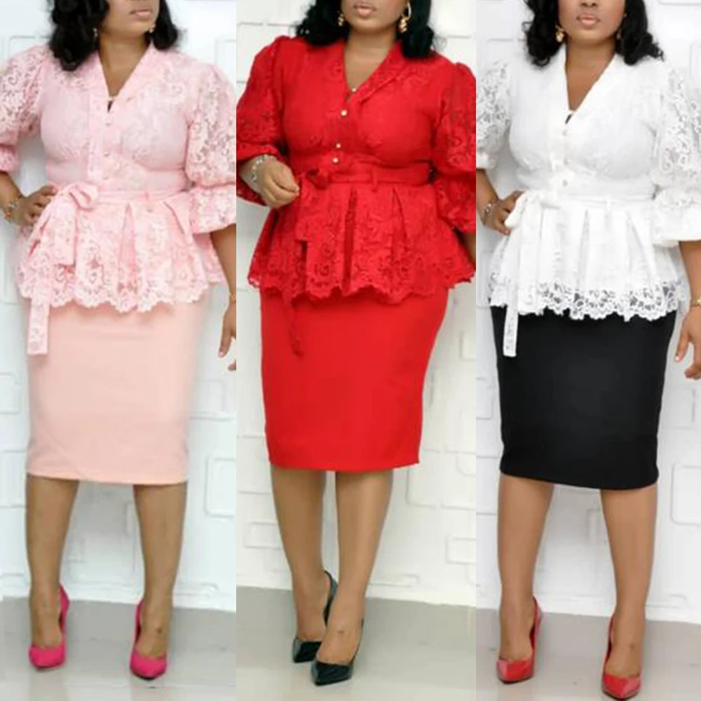 

African Dress Women Elegant Dress 2019 Autumn Wine Red Party Dress Embroidered Lace High Quality 2 Pieces Set Africa Skirt Sale