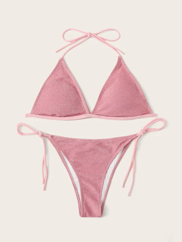 

Hirigin Cute Sequins Pure Pink Thong Bikini Set Women Sexy Swimwear 2020 Push Up Padded Bandage Biquini Swimsuit Bathing Suit
