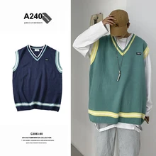 Autumn New Sweater Vest Men Fashion Contrast Color Casual V-neck Knit Sweter Men Street Loose Pullover Vest Sweaters Man Clothes Autumn New Sweater Vest Men Fashion Contrast Color Casual V-neck Knit Sweter Men Street Loose Pullover Vest Sweaters Man Clothes