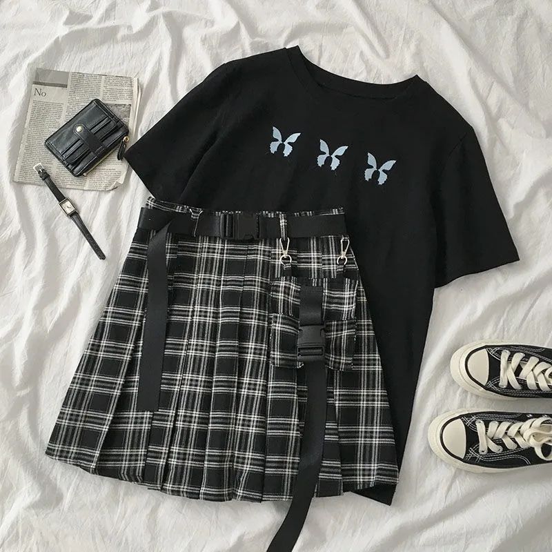 T-Shirt Skirts-Set Belt Matching-Set Short-Sleeve Embroidery Black High-Waist Gothic