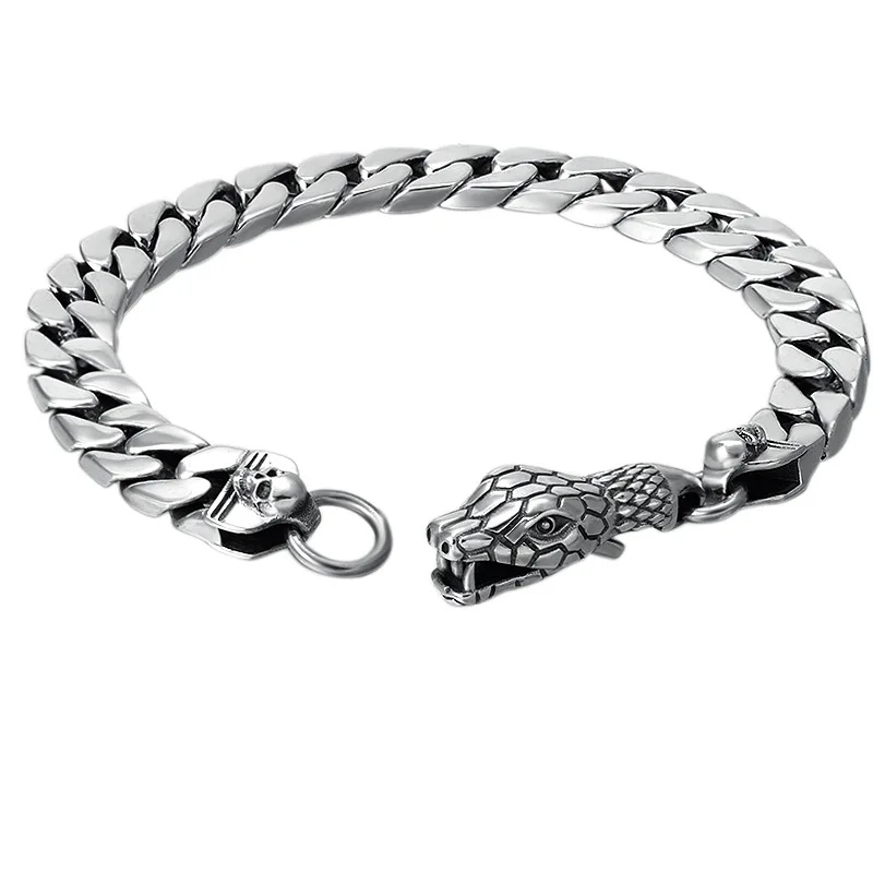925 Sterling Silver Подлинная 925 пробы серебряный мужской браслет ювелирные изделия Винтаж Классический змеиная голова Пряжка Блестящий Браслет властные аксессуары - Цвет камня: 925 Sterling Silver
