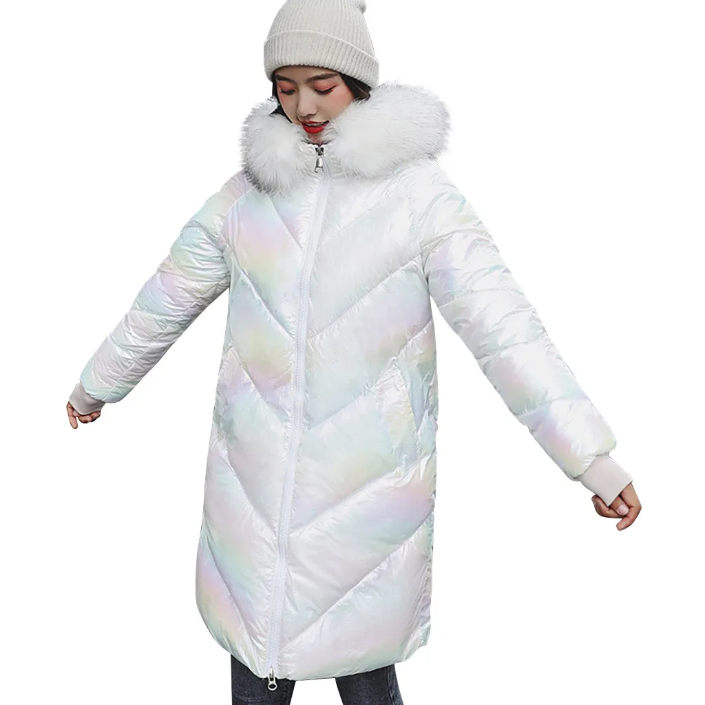 Зимняя куртка, женский пуховик размера плюс, Женское зимнее толстое теплое свободное ветрозащитное длинное пальто с яркой поверхностью со стразами#4 - Цвет: Белый
