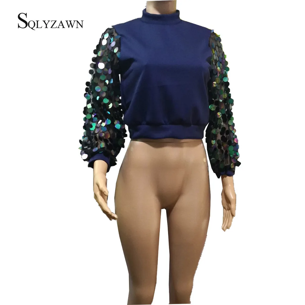 Sexy Mesh See Through Sequined Patchwork Lantern Long Sleeve Crop Tops Autumn Women Elegant O-neck Casual Tshirt Plus Size